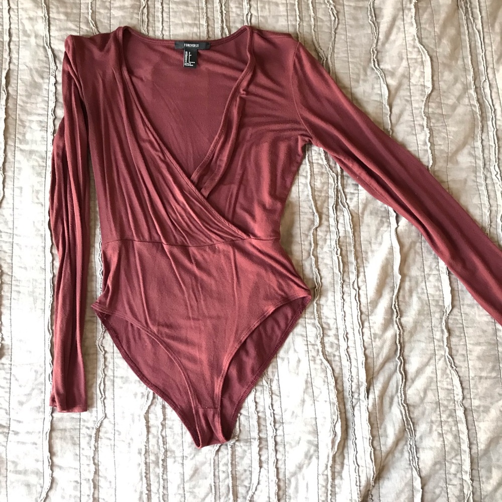 Maroon V-Neck Long-Sleeve Bodysuit